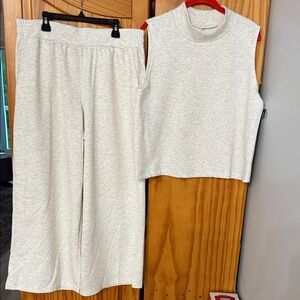 RBX ACTIVE WIDE-LEG JOGGERS 2-PIECE SET WOMEN L CREAM GRAY SWEATSUIT SLEEVELESS